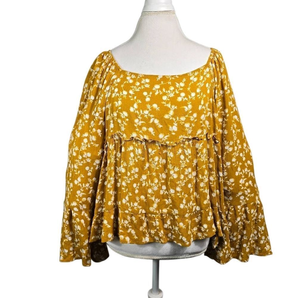Peach Love California Mustard Floral Peplum Blouse Size M